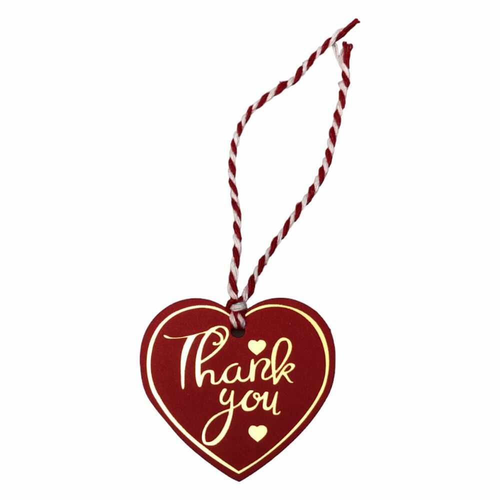 Etichete din hârtie în formă de inimă Thank you 5cm - roșu (set 100 buc)