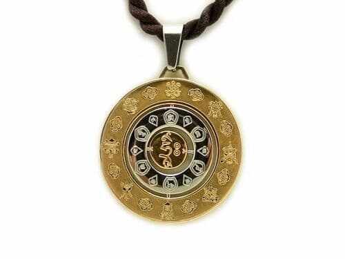 Amuleta de protectie, sanatate si prosperitate- Medalionul celor 8 simboluri tibetane, cele 12 zodii si silaba HRIH